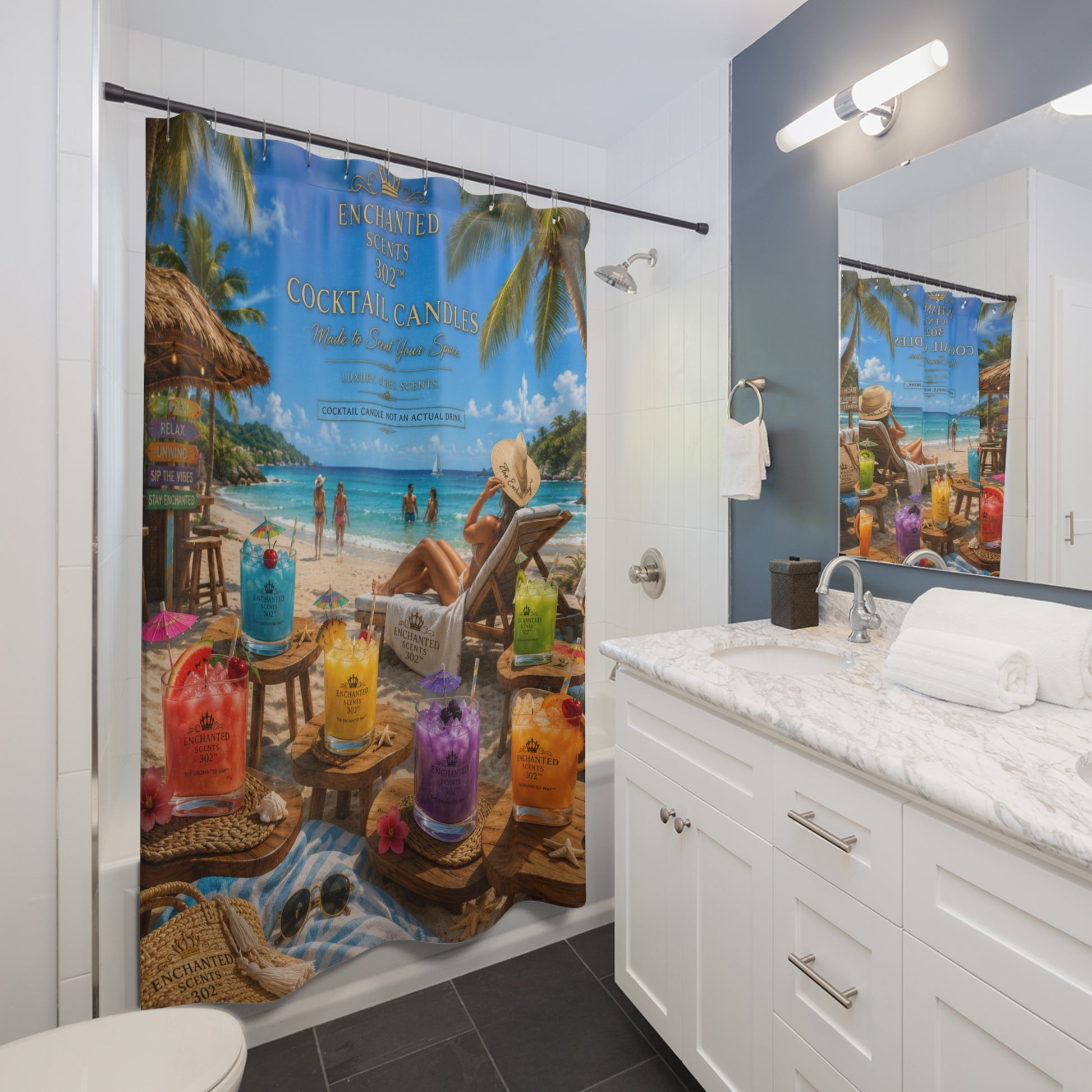 Tropical Cocktail Candles Shower Curtain — Beach Bar Scentscape Bathroom Decor.